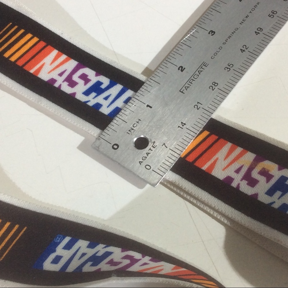 NASCAR Racing Stripes Rainbow Colors Gold Tone Hardware White Suspenders *STAIN - Picture 3 of 6